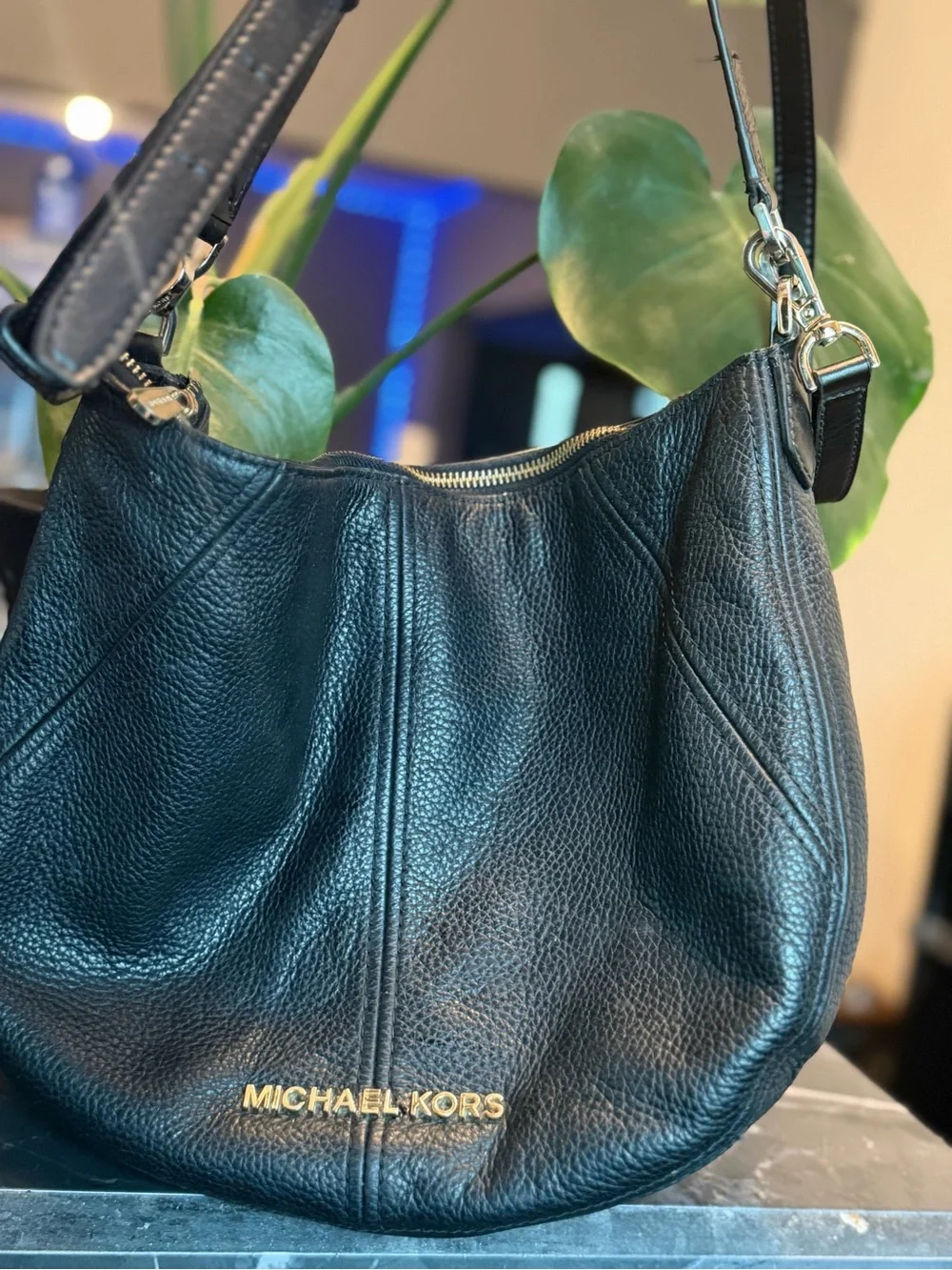 Michael Kors Black Pebbled Leather Shoulder Bag with Gold Logo